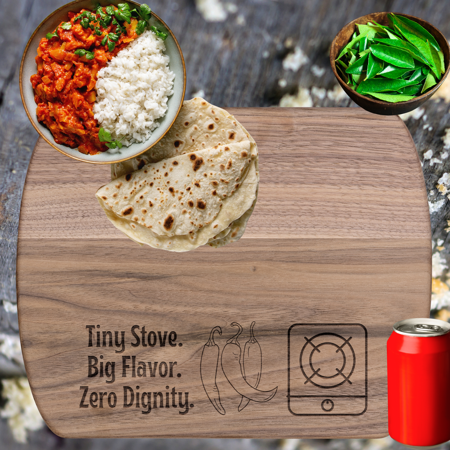 Funny Camping Cutting Board Tiny Stove Big Flavor Zero Dignity