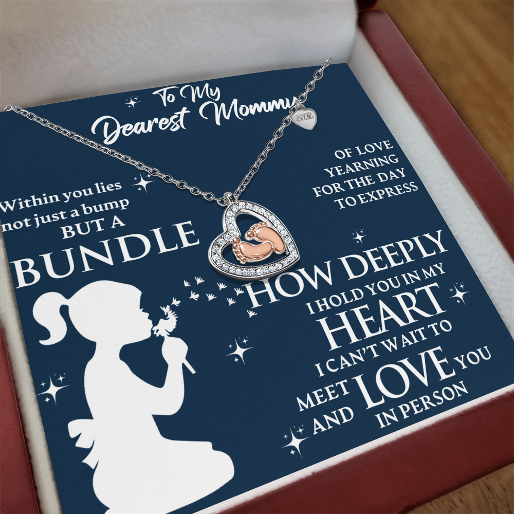 Dearest Mommy To Be Baby Feet Necklace Gift For Mother's Day, Baby Shower or Gender Reveal Day