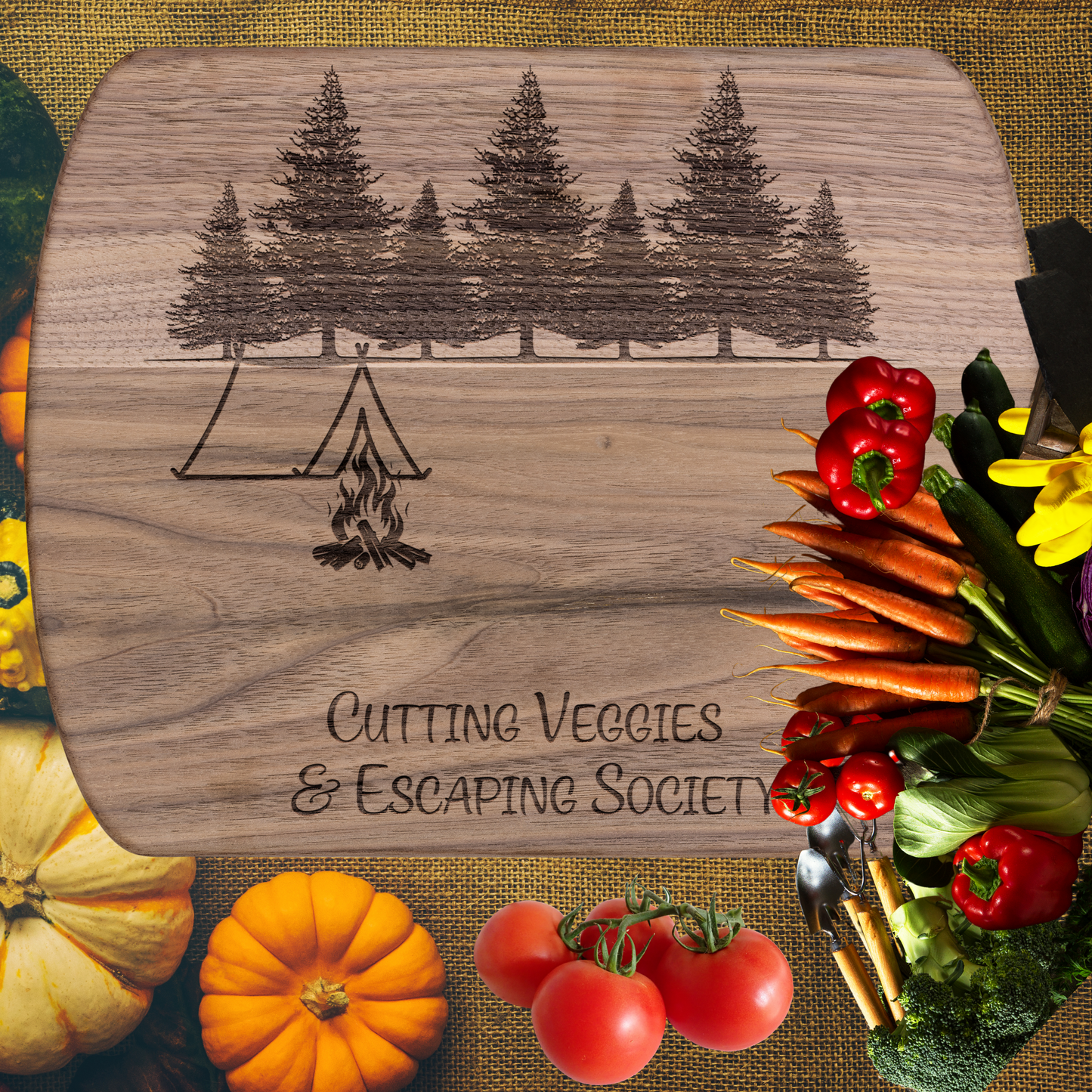 Funny Camping Cutting Board Cutting Veggies & Escaping Society