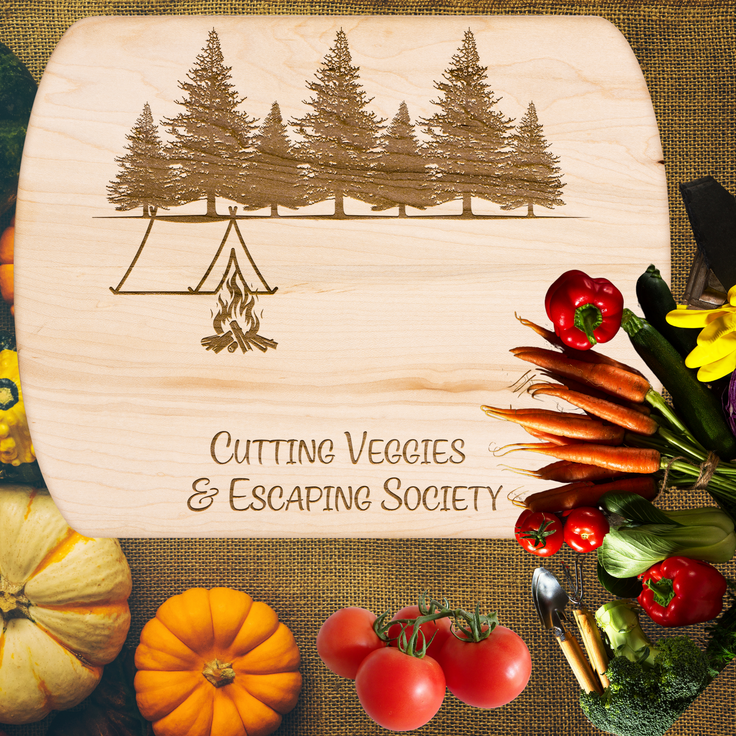 Funny Camping Cutting Board Cutting Veggies & Escaping Society