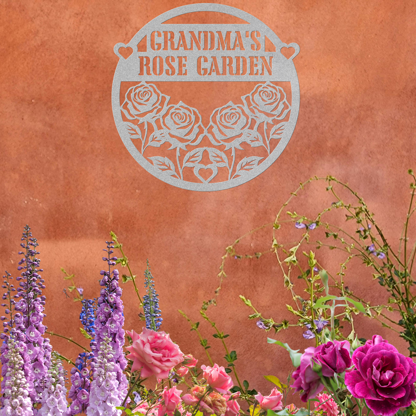 PERSONALIZED - Metal Wall Art for the Garden - Grandma's Rose Garden With Hearts