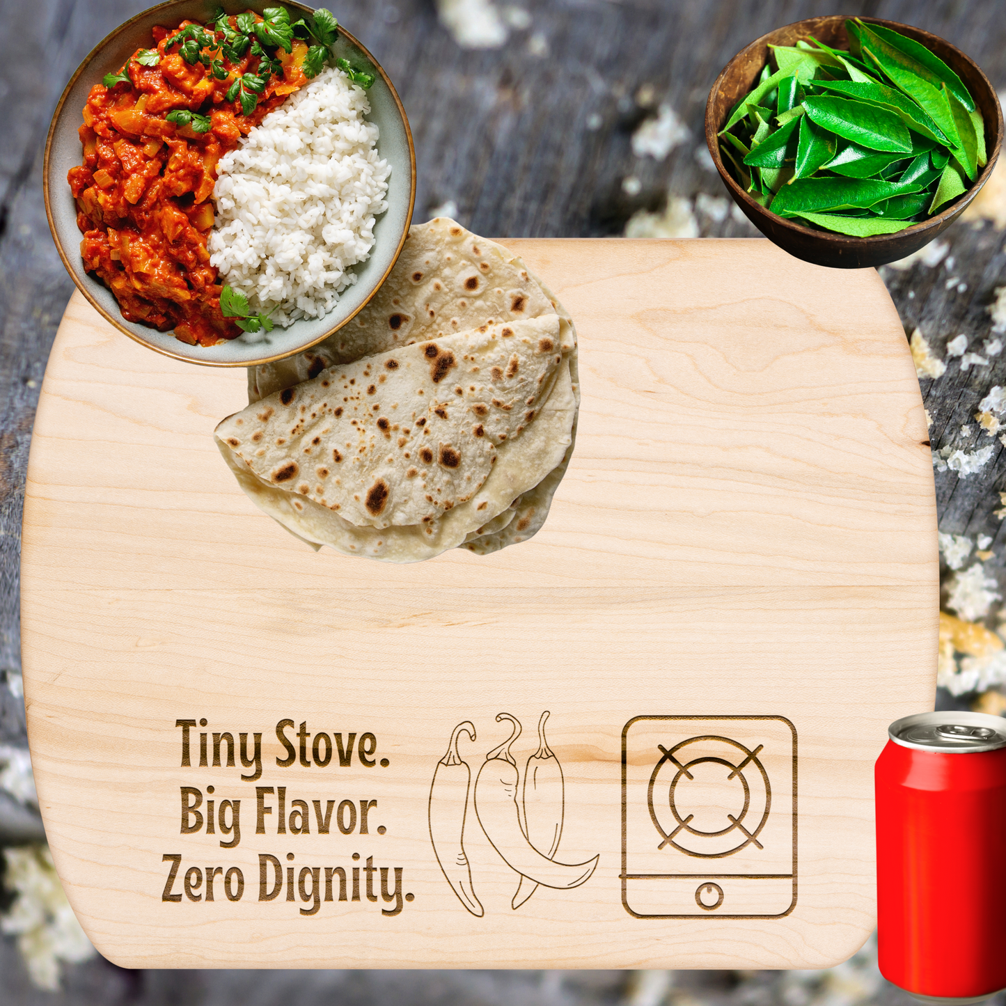 Funny Camping Cutting Board Tiny Stove Big Flavor Zero Dignity