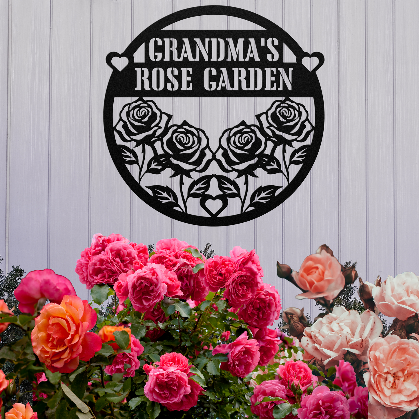 PERSONALIZED - Metal Wall Art for the Garden - Grandma's Rose Garden With Hearts