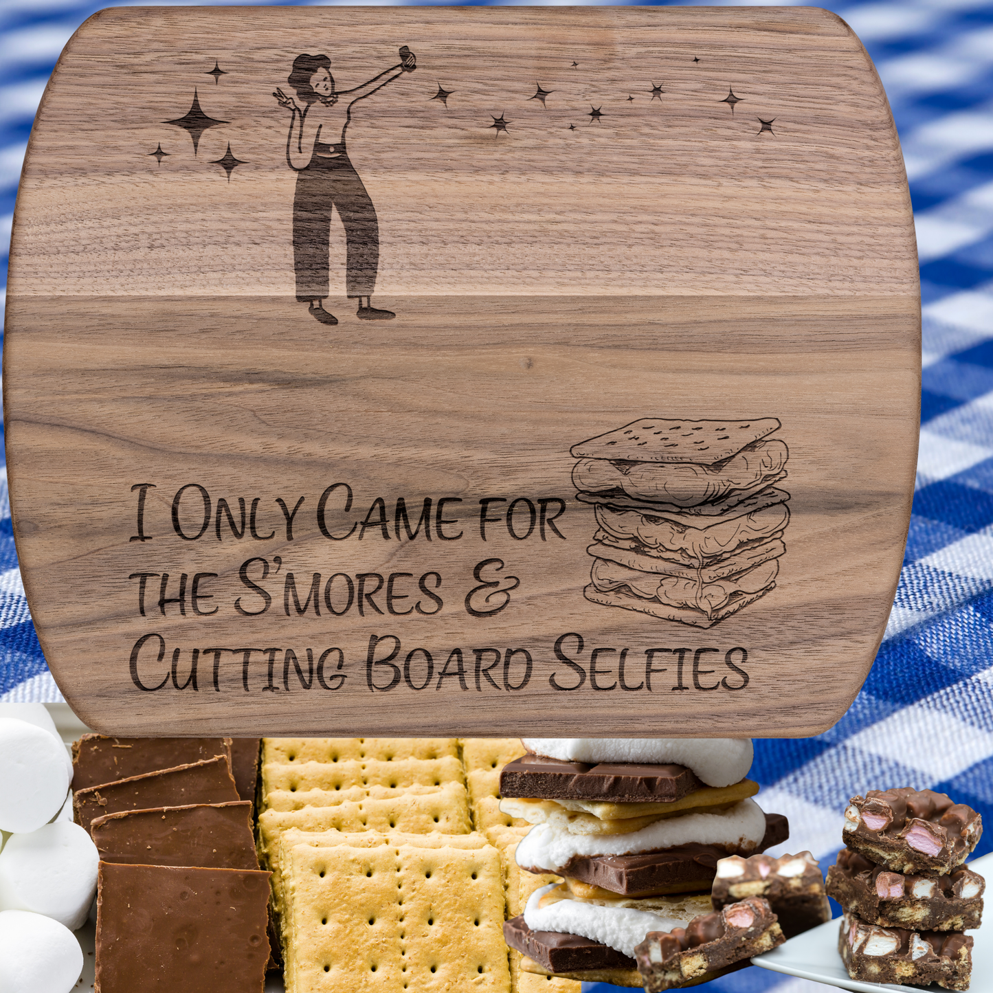 Unique Funny Camping Cutting Board Smores And Selfies