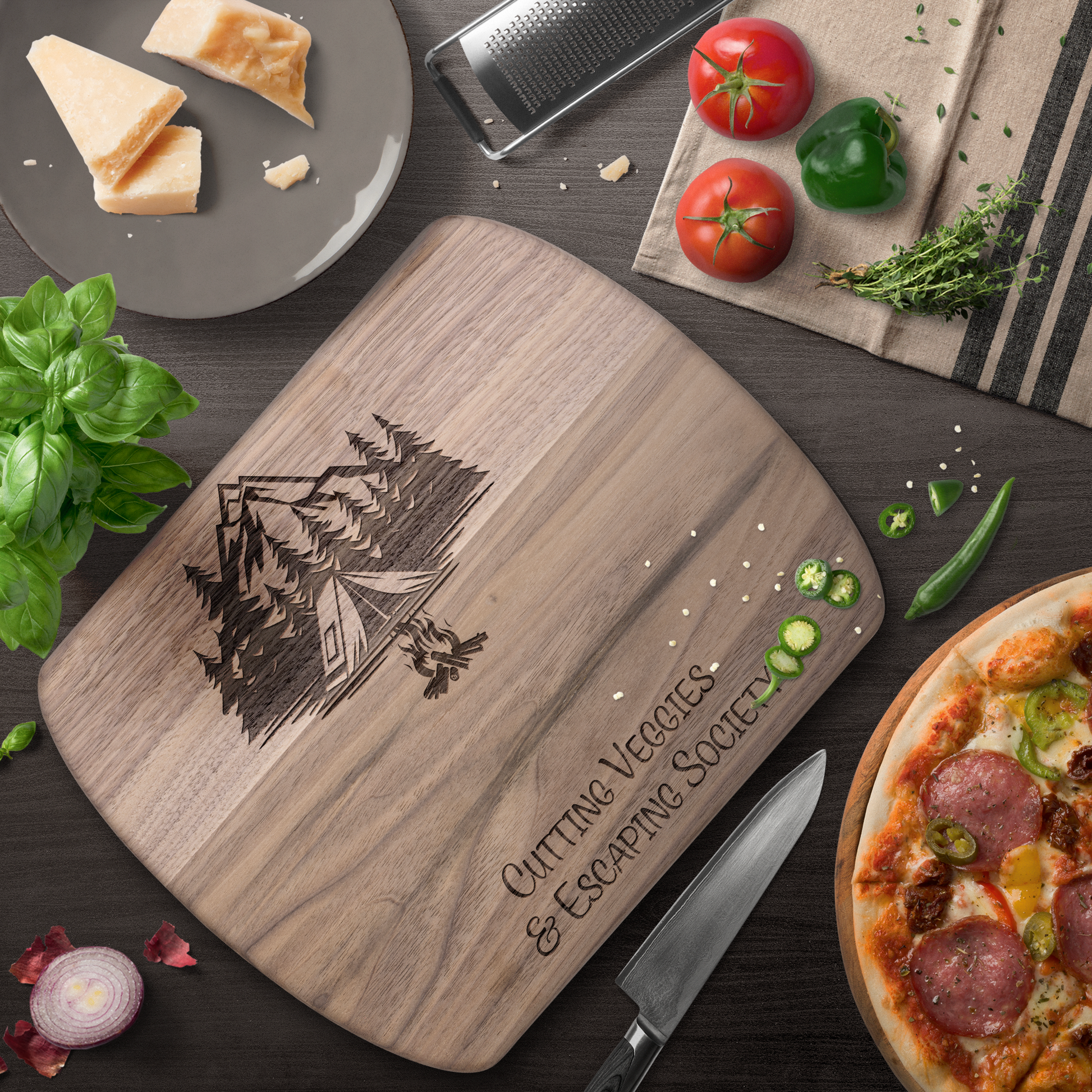 Humorous_Camping_Cutting_Board_Escaping__Dark_Rounded_H_Lifestyle_Mockup.png