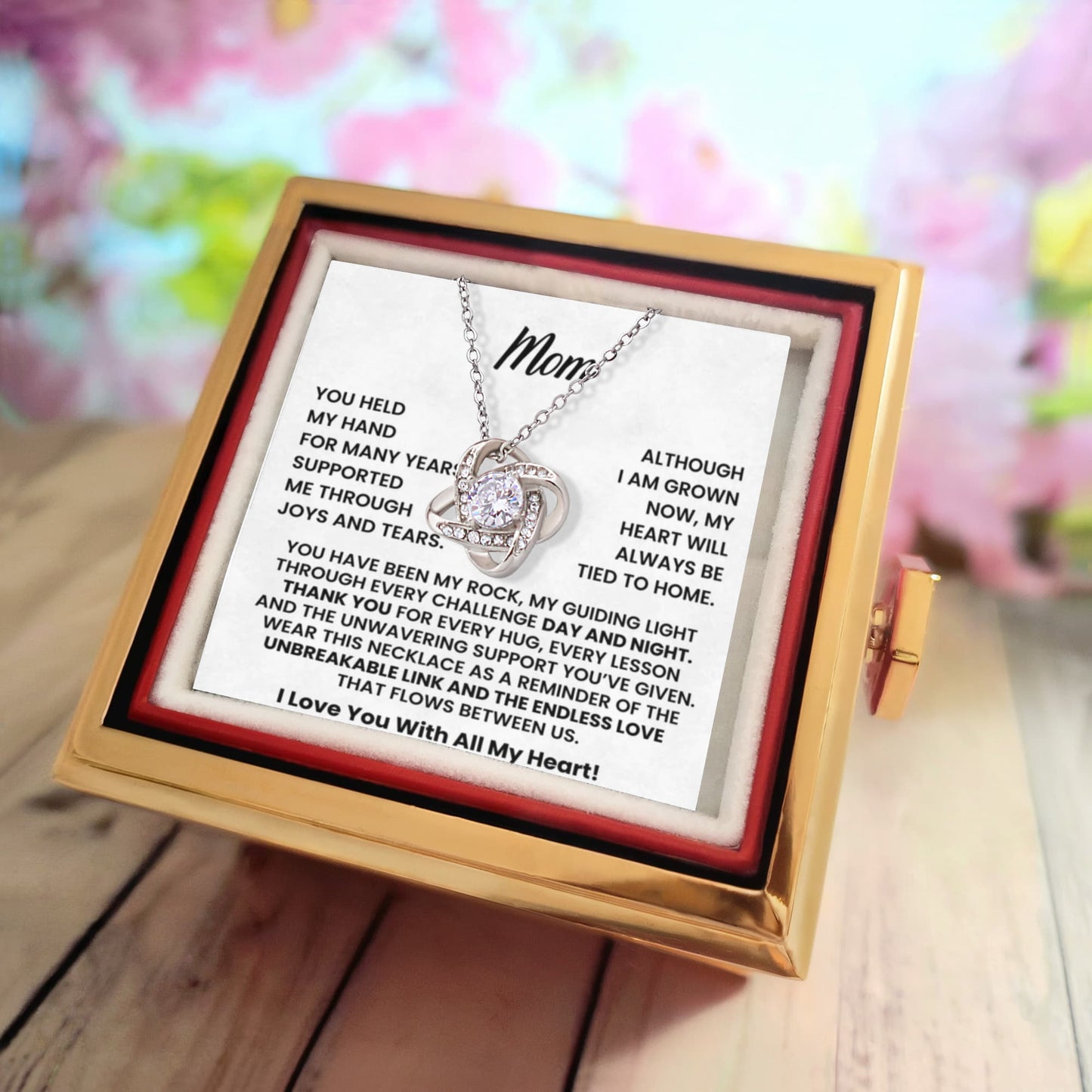 Mom Love Knot Necklace With Rotating Rose Gift Box Gift For Mother's Day or Birthday